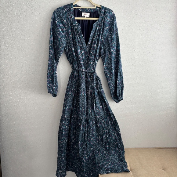 XIRENA Ambrose Belted Tiered Midi Dress Indigo Flora - Size Medium - Picture 3 of 9